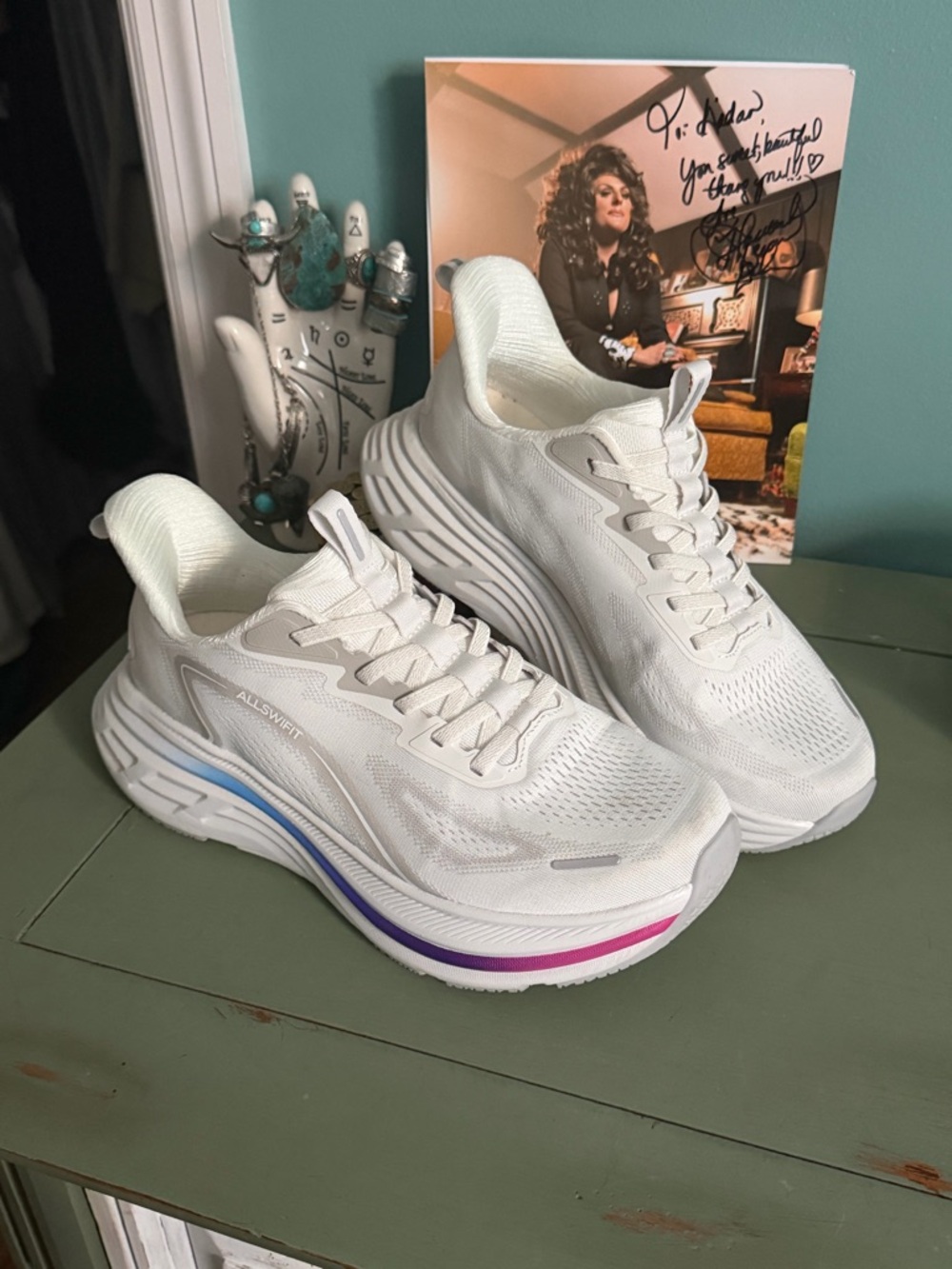 Allswift Women's White Athletic Sneakers with Pink & Blue Gradient Accent